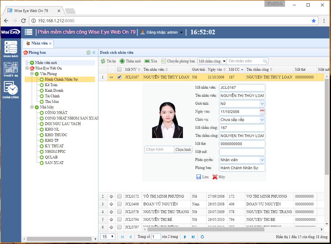 Bảng dữ liệu chấm công trong phần mềm Wise Eye Web On 79