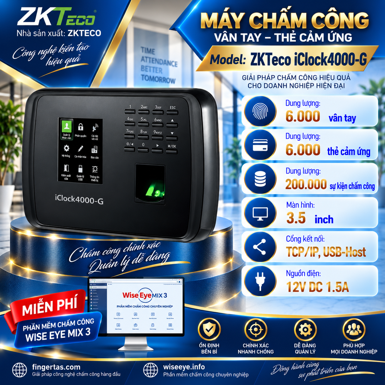 Máy chấm công vân tay ZKTeco iClock4000-G