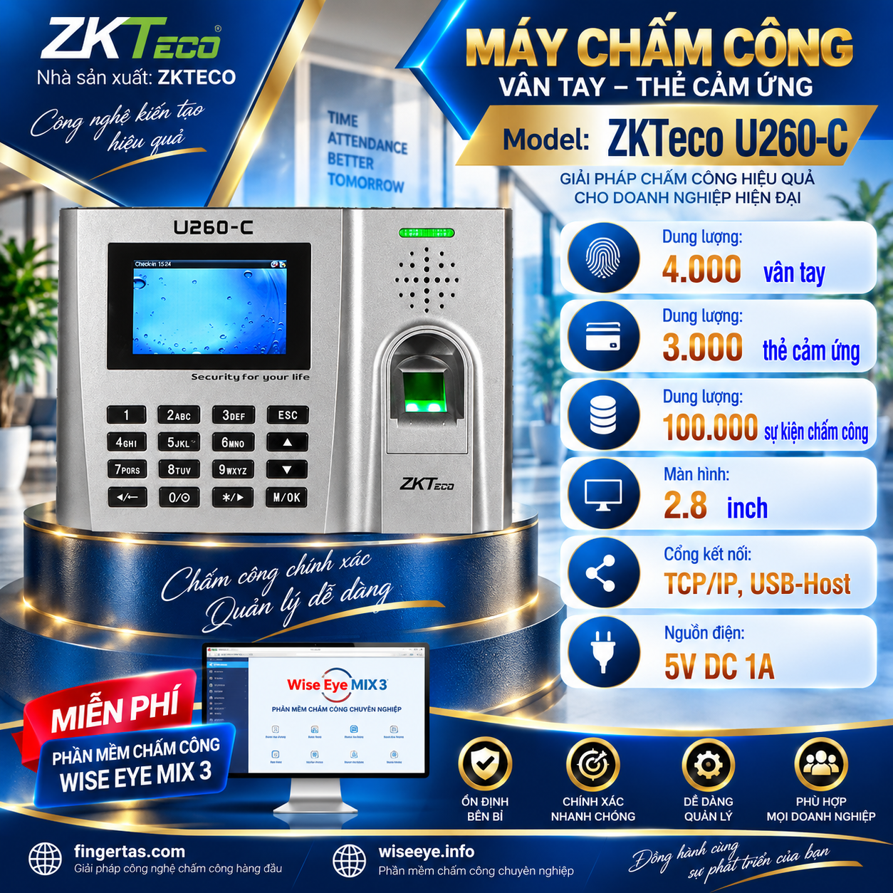 Máy Chấm Công Vân Tay ZKTeco U260-C Máy Chấm Công Vân Tay ZKTeco U260-C